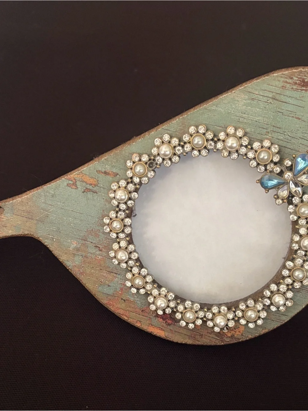 Pier 1 Imports Distressed Green Wooden Bird Frame with Pearl & Rhinestone Accent